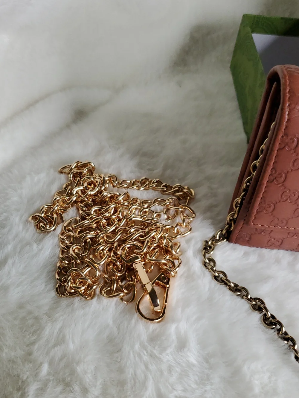 Gucci Coral Embossed GG Leather Chain Clutch with Gold Hardware